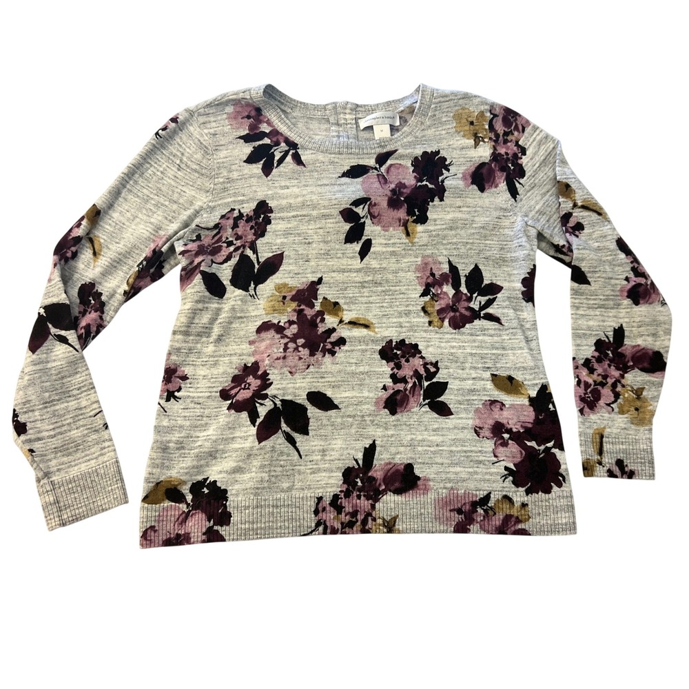 Christopher & Banks Floral Cotton Sweater Grey Purple Back Zip Size M